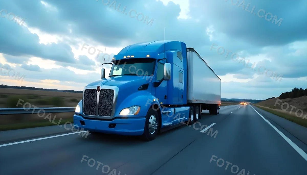 A Blue Semi Truck On A Highway With Motion Blur The Sky Is Black With Some Clouds Daytime 11 305c