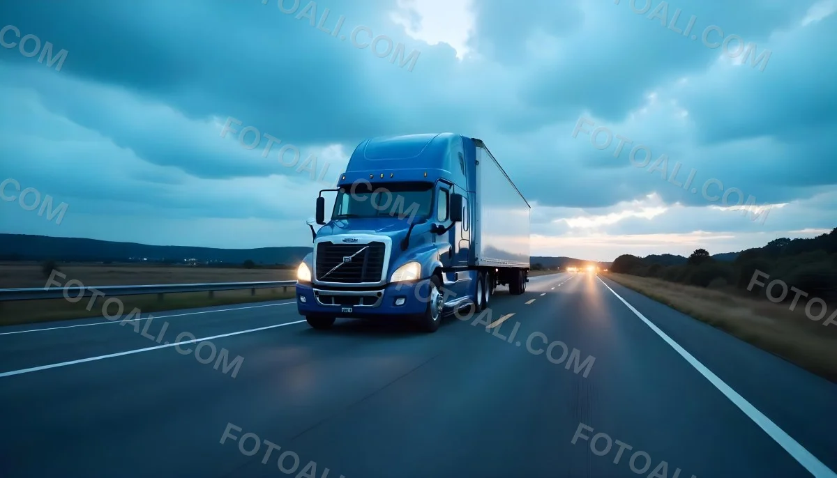 A Blue Semi Truck On A Highway With Motion Blur The Sky Is Black With Some Clouds Daytime 14 39cd