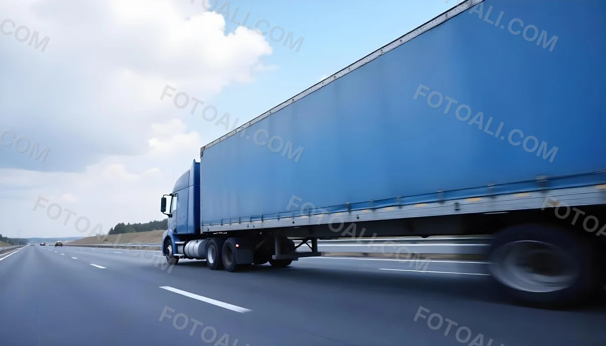 A Blue Semi Truck On A Highway With Motion Blur The Sky Is Black With Some Clouds Daytime 15 C547