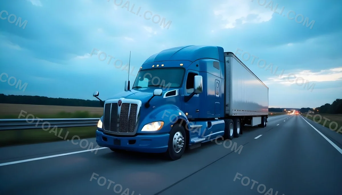 A Blue Semi Truck On A Highway With Motion Blur The Sky Is Black With Some Clouds Daytime 17 E3c5