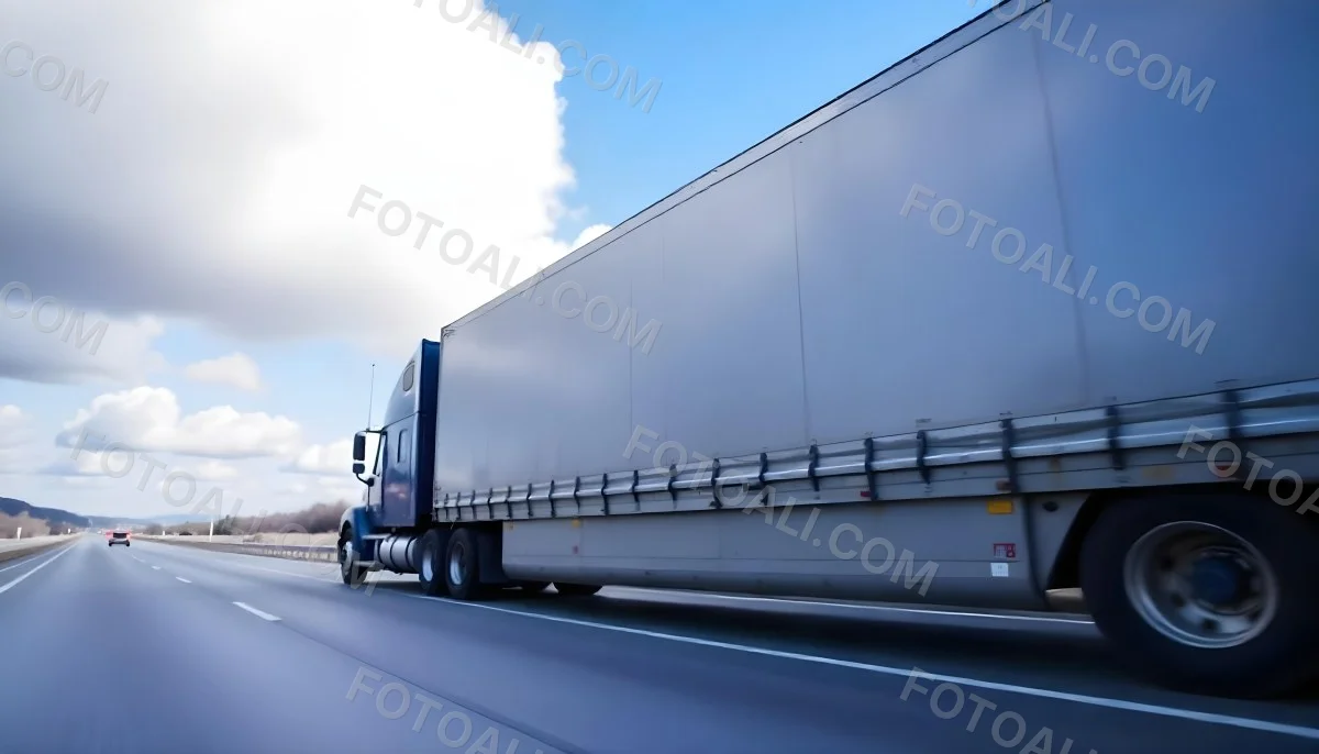 A Blue Semi Truck On A Highway With Motion Blur The Sky Is Black With Some Clouds Daytime 20 E84e