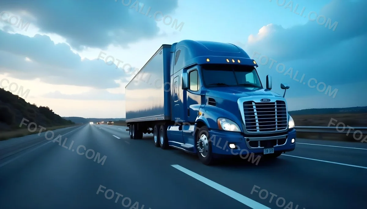 A Blue Semi Truck On A Highway With Motion Blur The Sky Is Black With Some Clouds Daytime 27 0bab