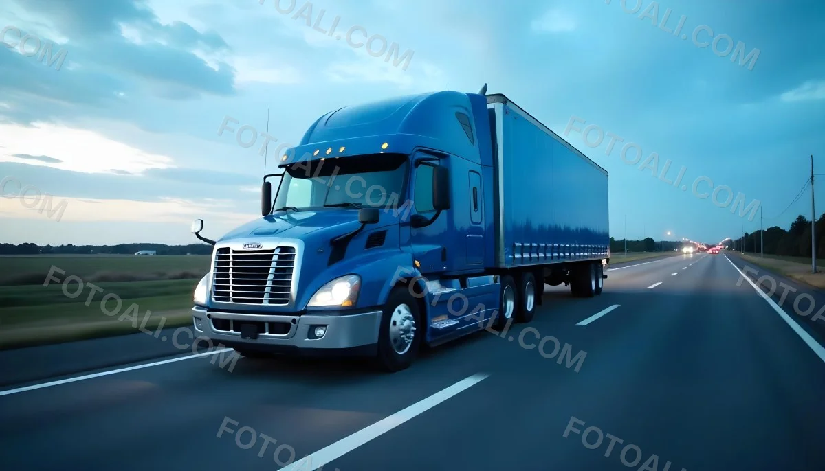 A Blue Semi Truck On A Highway With Motion Blur The Sky Is Black With Some Clouds Daytime 29 B25a