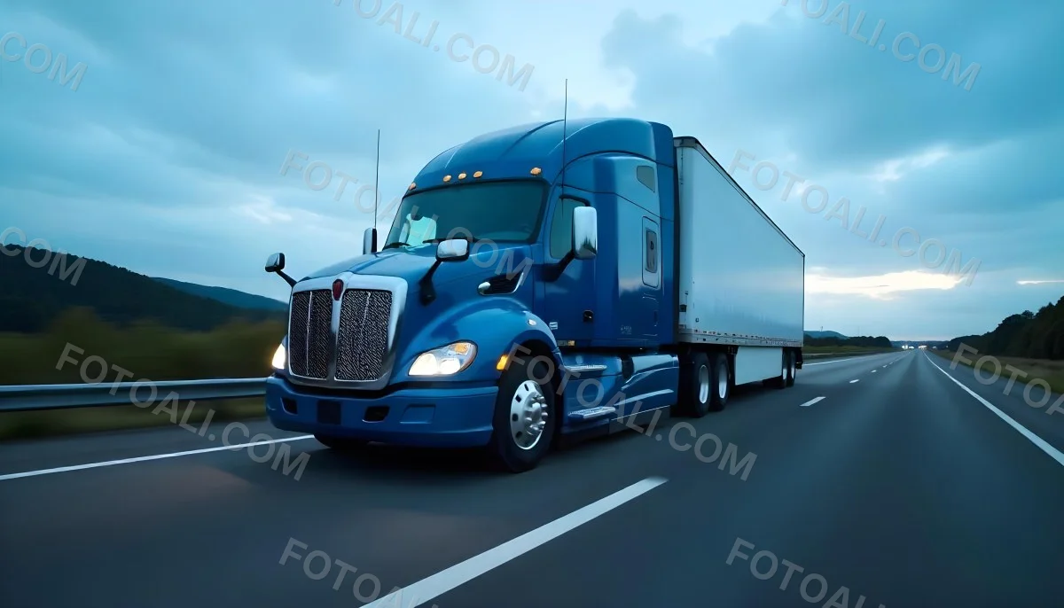 A Blue Semi Truck On A Highway With Motion Blur The Sky Is Black With Some Clouds Daytime 3 C95b