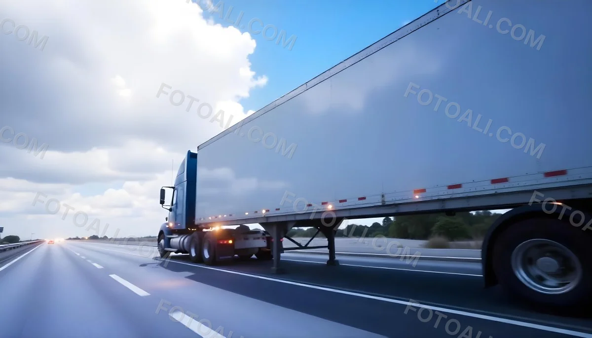 A Blue Semi Truck On A Highway With Motion Blur The Sky Is Black With Some Clouds Daytime 30 20e3