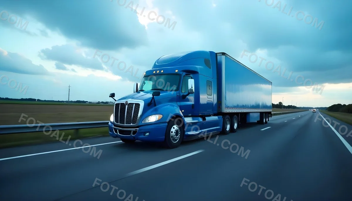 A Blue Semi Truck On A Highway With Motion Blur The Sky Is Black With Some Clouds Daytime 31 Fb71
