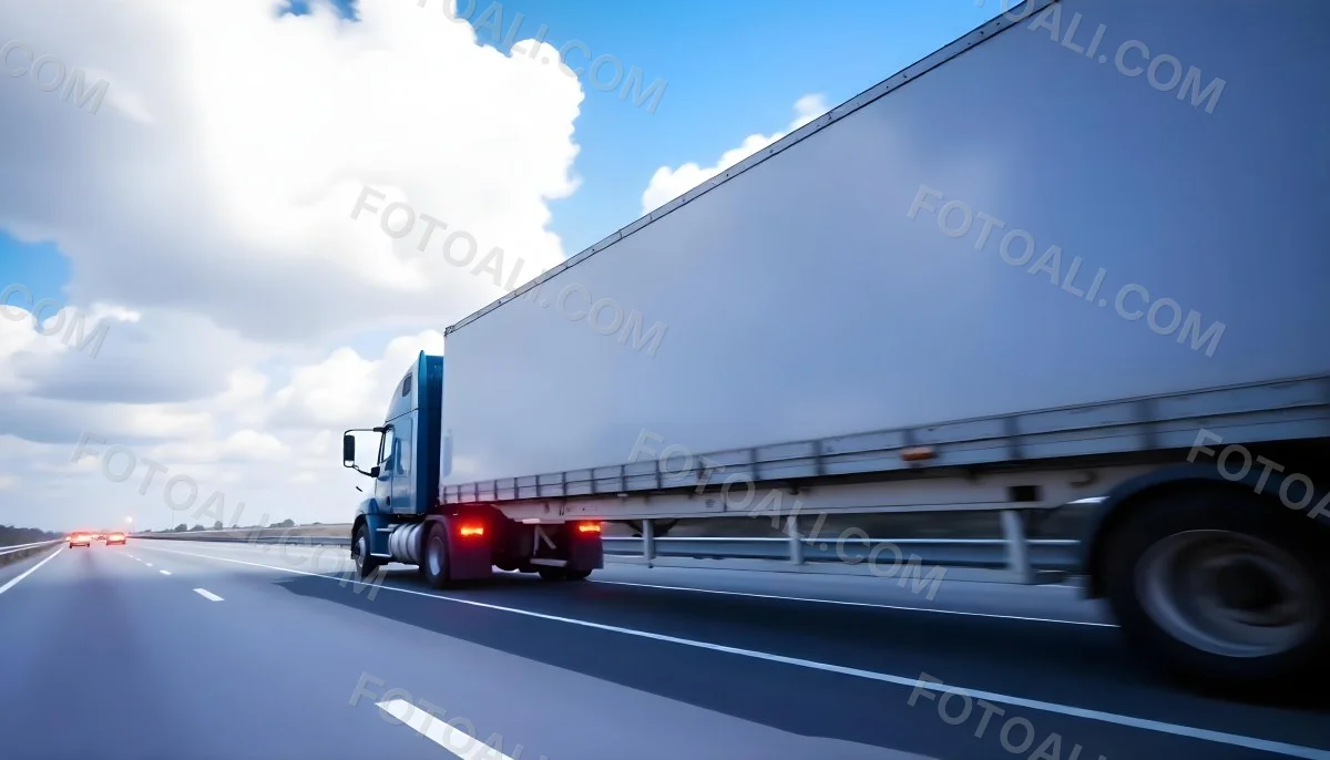 A Blue Semi Truck On A Highway With Motion Blur The Sky Is Black With Some Clouds Daytime 4 B2e3