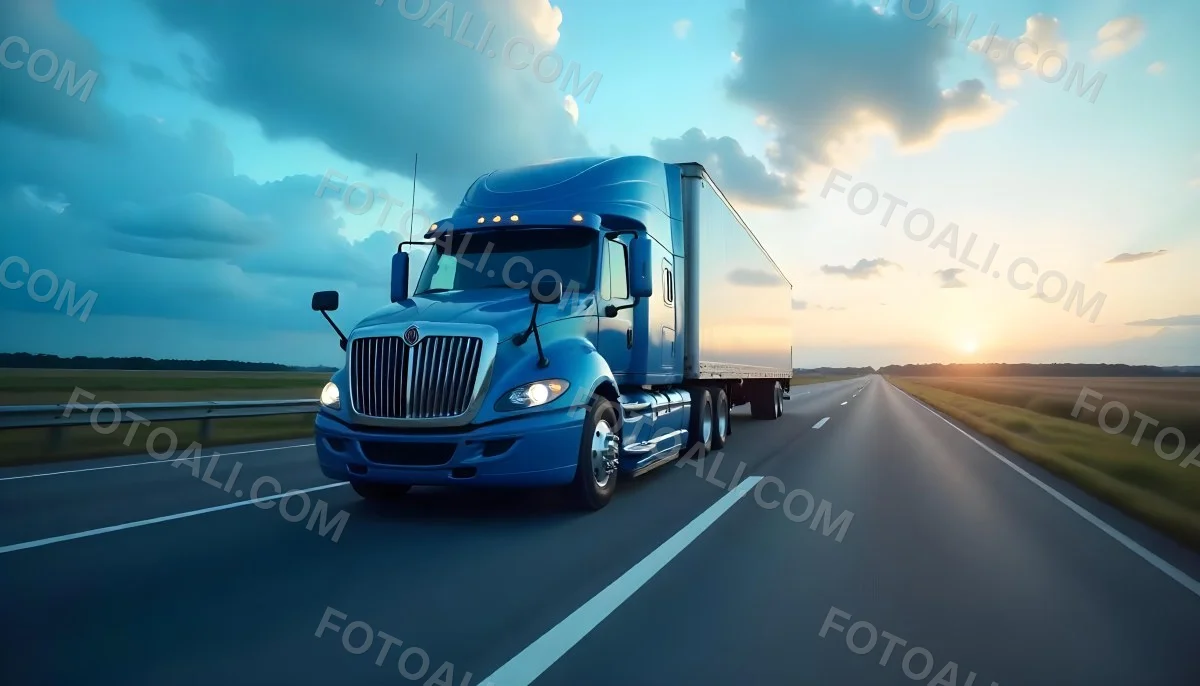 A Blue Semi Truck On A Highway With Motion Blur The Sky Is Black With Some Clouds Daytime 7 A18d