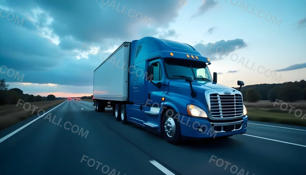 A Blue Semi Truck On A Highway With Motion Blur The Sky Is Black With Some Clouds Daytime 9 4c09
