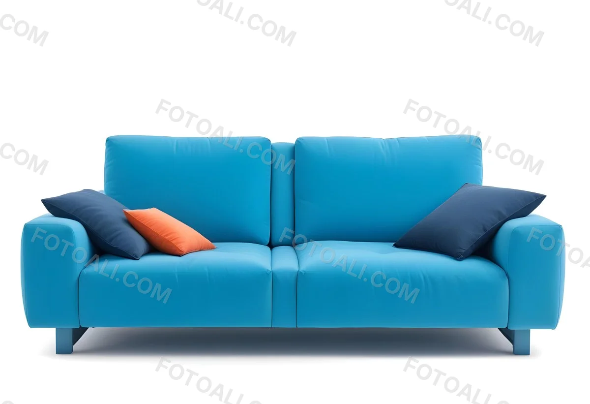 A Blue Sofa With Two Pillows One White And One White In A White Background 27 F5ff