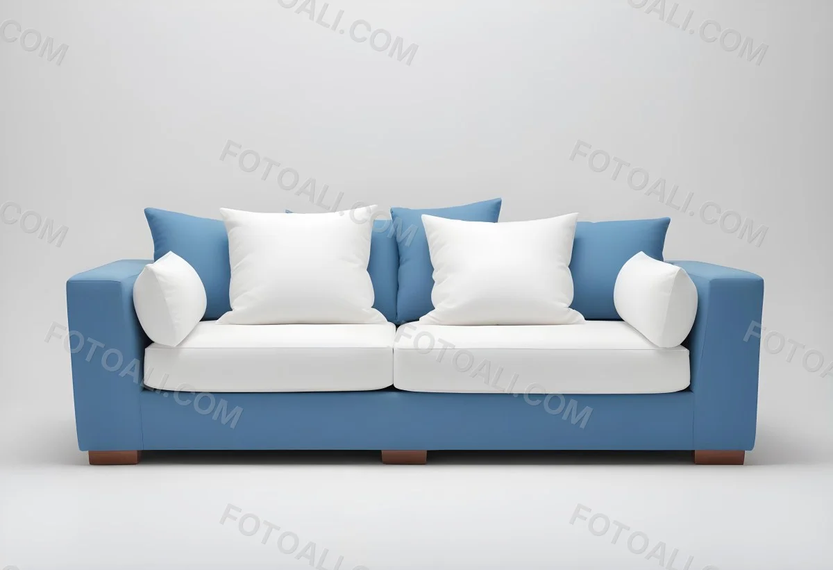 A Blue Sofa With Two Pillows One White And One White In A White Background 29 C648