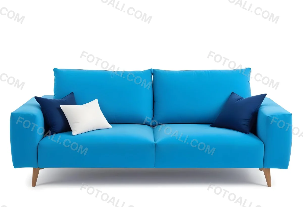 A Blue Sofa With Two Pillows One White And One White In A White Background 7 4bce