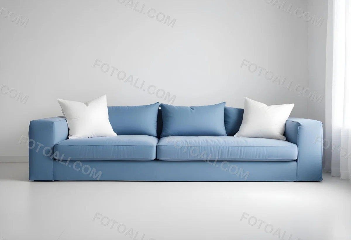 A Blue Sofa With Two Pillows One White And One White In A White Background 9 5ae1