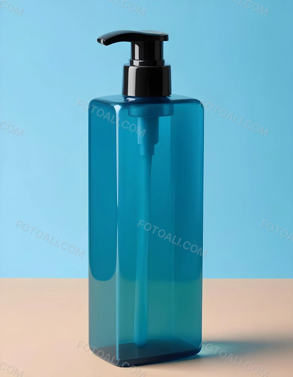 A Blue Transparent Plastic Bottle With A Transparent Dispenser Pump Containing Liquid Soap On A Beige Surface With A Light Blue Background 11 D2ee