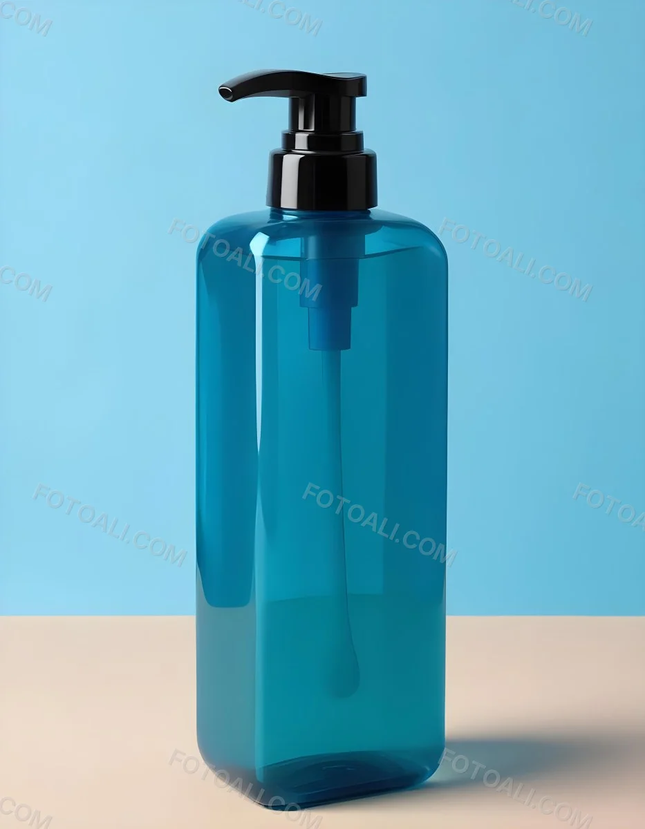 A Blue Transparent Plastic Bottle With A Transparent Dispenser Pump Containing Liquid Soap On A Beige Surface With A Light Blue Background 13 Aa57