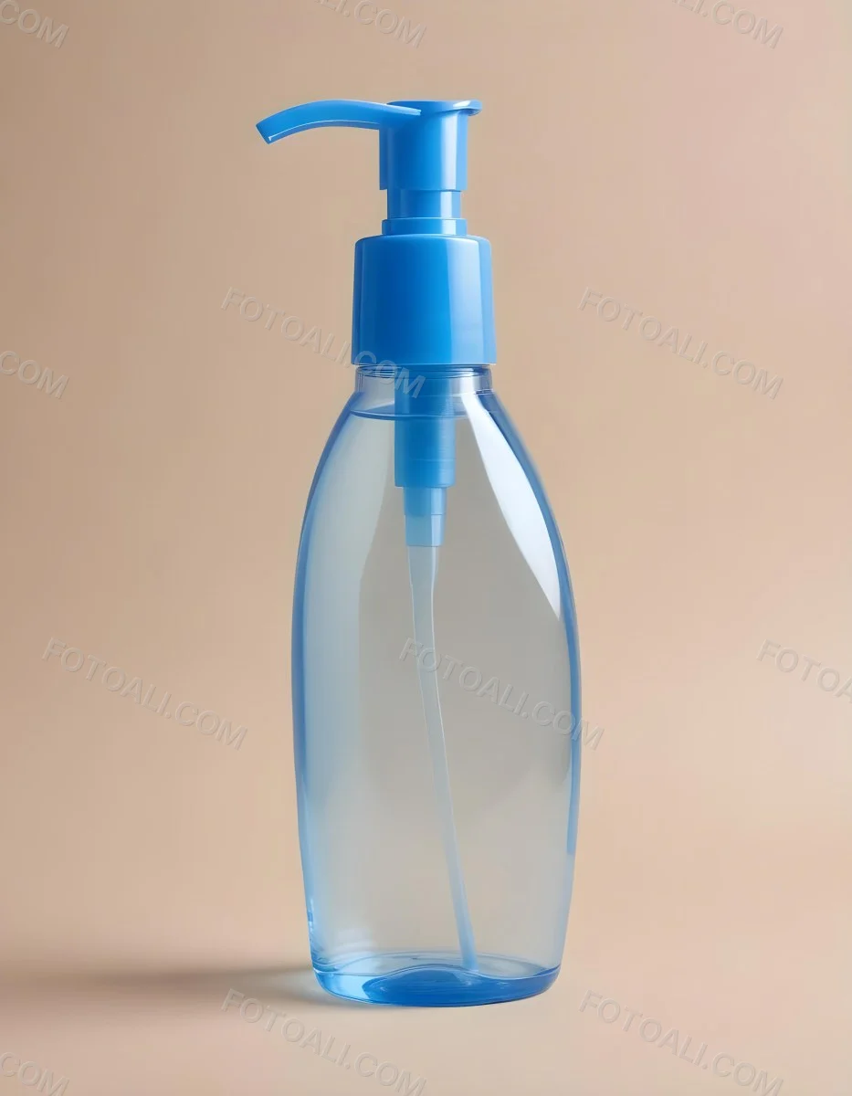 A Blue Transparent Plastic Bottle With A Transparent Dispenser Pump Containing Liquid Soap On A Beige Surface With A Light Blue Background 14 328e