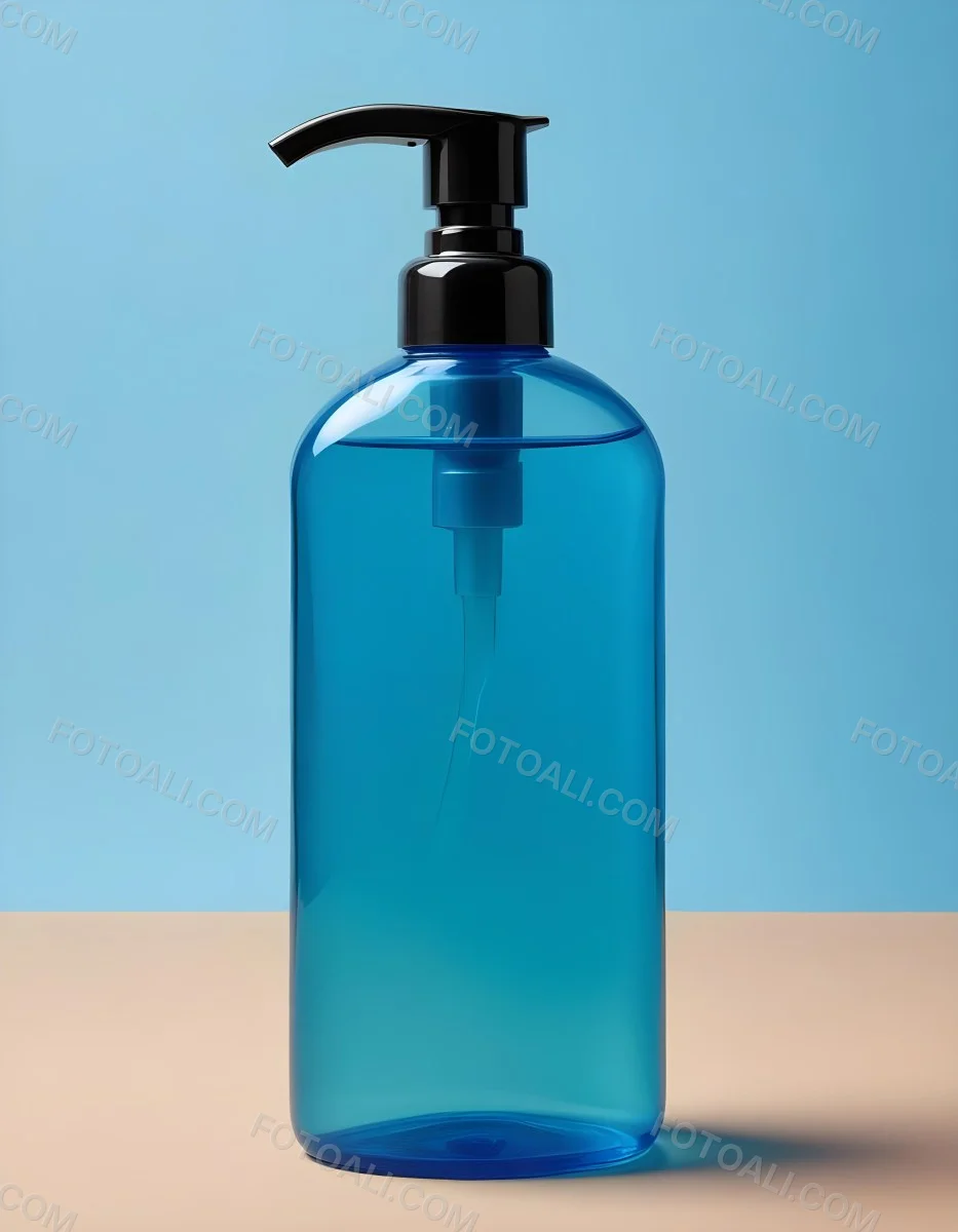 A Blue Transparent Plastic Bottle With A Transparent Dispenser Pump Containing Liquid Soap On A Beige Surface With A Light Blue Background 15 De26