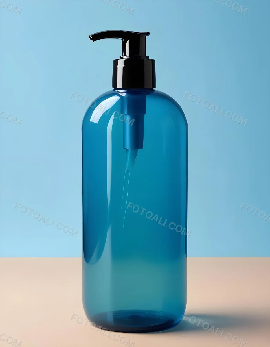 A Blue Transparent Plastic Bottle With A Transparent Dispenser Pump Containing Liquid Soap On A Beige Surface With A Light Blue Background 16 2616
