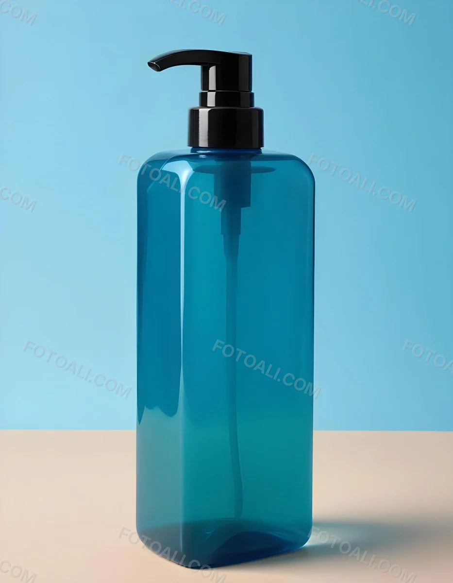A Blue Transparent Plastic Bottle With A Transparent Dispenser Pump Containing Liquid Soap On A Beige Surface With A Light Blue Background 17 3a4f