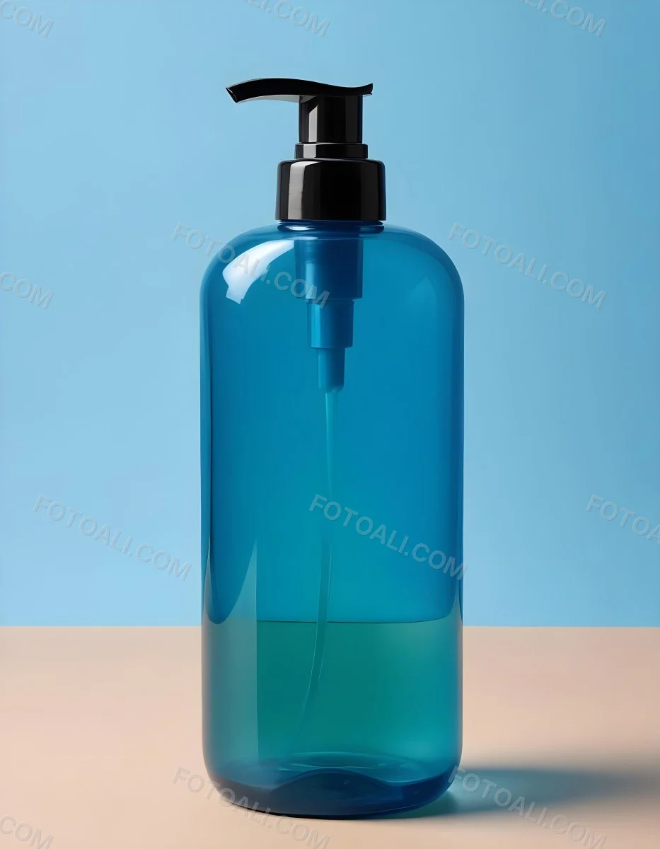 A Blue Transparent Plastic Bottle With A Transparent Dispenser Pump Containing Liquid Soap On A Beige Surface With A Light Blue Background 18 13b8