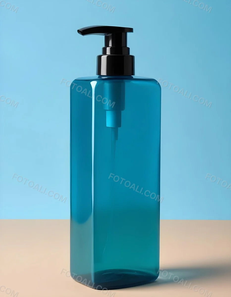 A Blue Transparent Plastic Bottle With A Transparent Dispenser Pump Containing Liquid Soap On A Beige Surface With A Light Blue Background 20 D44f