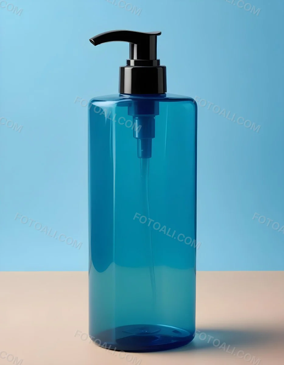 A Blue Transparent Plastic Bottle With A Transparent Dispenser Pump Containing Liquid Soap On A Beige Surface With A Light Blue Background 21 3ecf