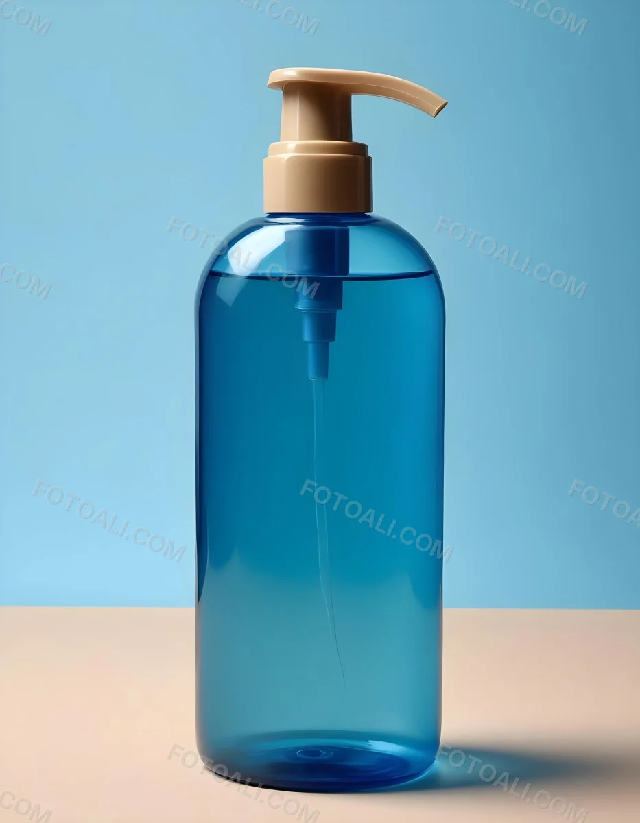 A Blue Transparent Plastic Bottle With A Transparent Dispenser Pump Containing Liquid Soap On A Beige Surface With A Light Blue Background 22 1254