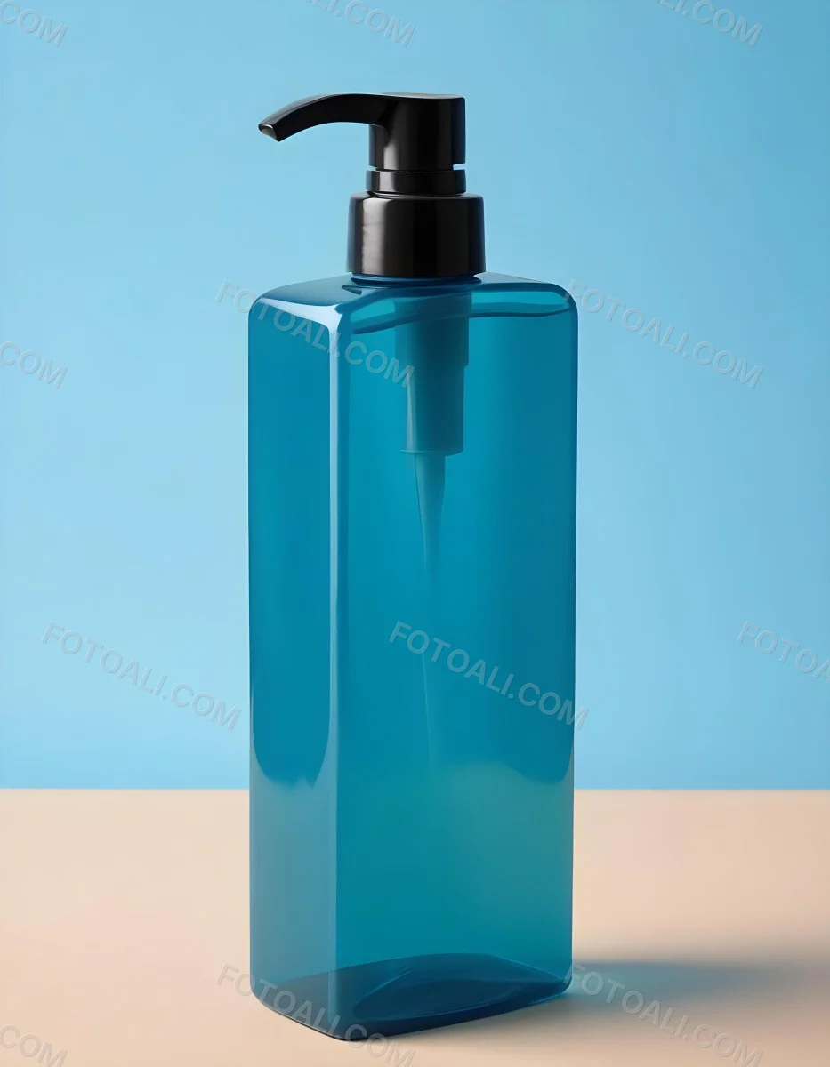 A Blue Transparent Plastic Bottle With A Transparent Dispenser Pump Containing Liquid Soap On A Beige Surface With A Light Blue Background 3 586e
