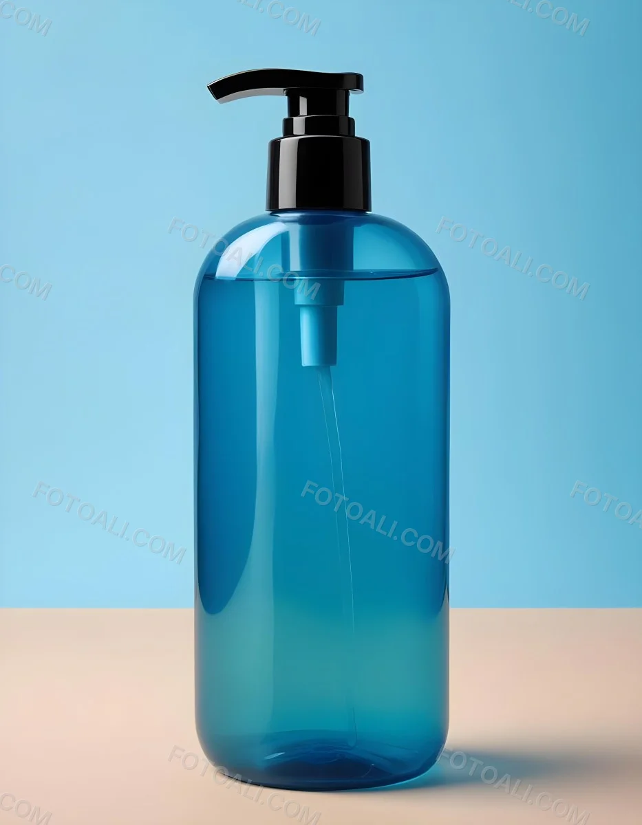 A Blue Transparent Plastic Bottle With A Transparent Dispenser Pump Containing Liquid Soap On A Beige Surface With A Light Blue Background 34 Ab76