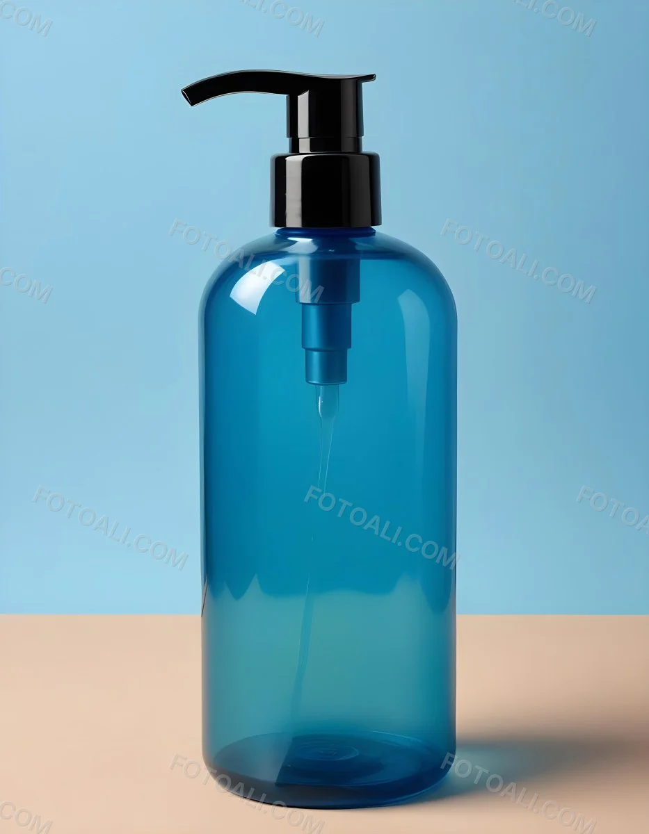 A Blue Transparent Plastic Bottle With A Transparent Dispenser Pump Containing Liquid Soap On A Beige Surface With A Light Blue Background 37 95e7