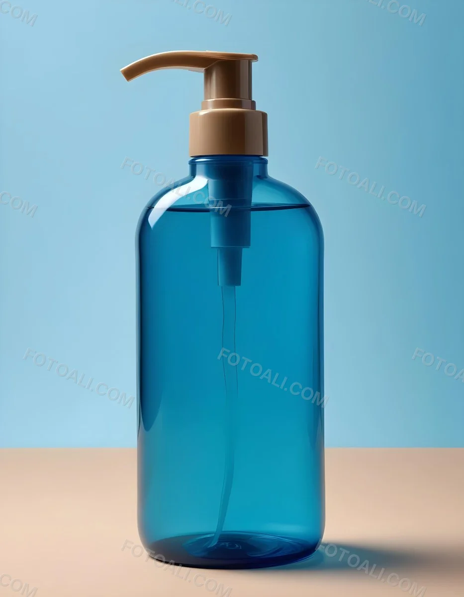 A Blue Transparent Plastic Bottle With A Transparent Dispenser Pump Containing Liquid Soap On A Beige Surface With A Light Blue Background 4 3d02