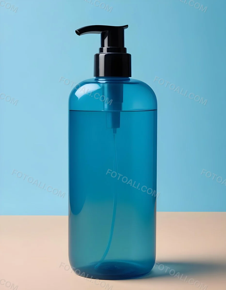 A Blue Transparent Plastic Bottle With A Transparent Dispenser Pump Containing Liquid Soap On A Beige Surface With A Light Blue Background 5 Ef42