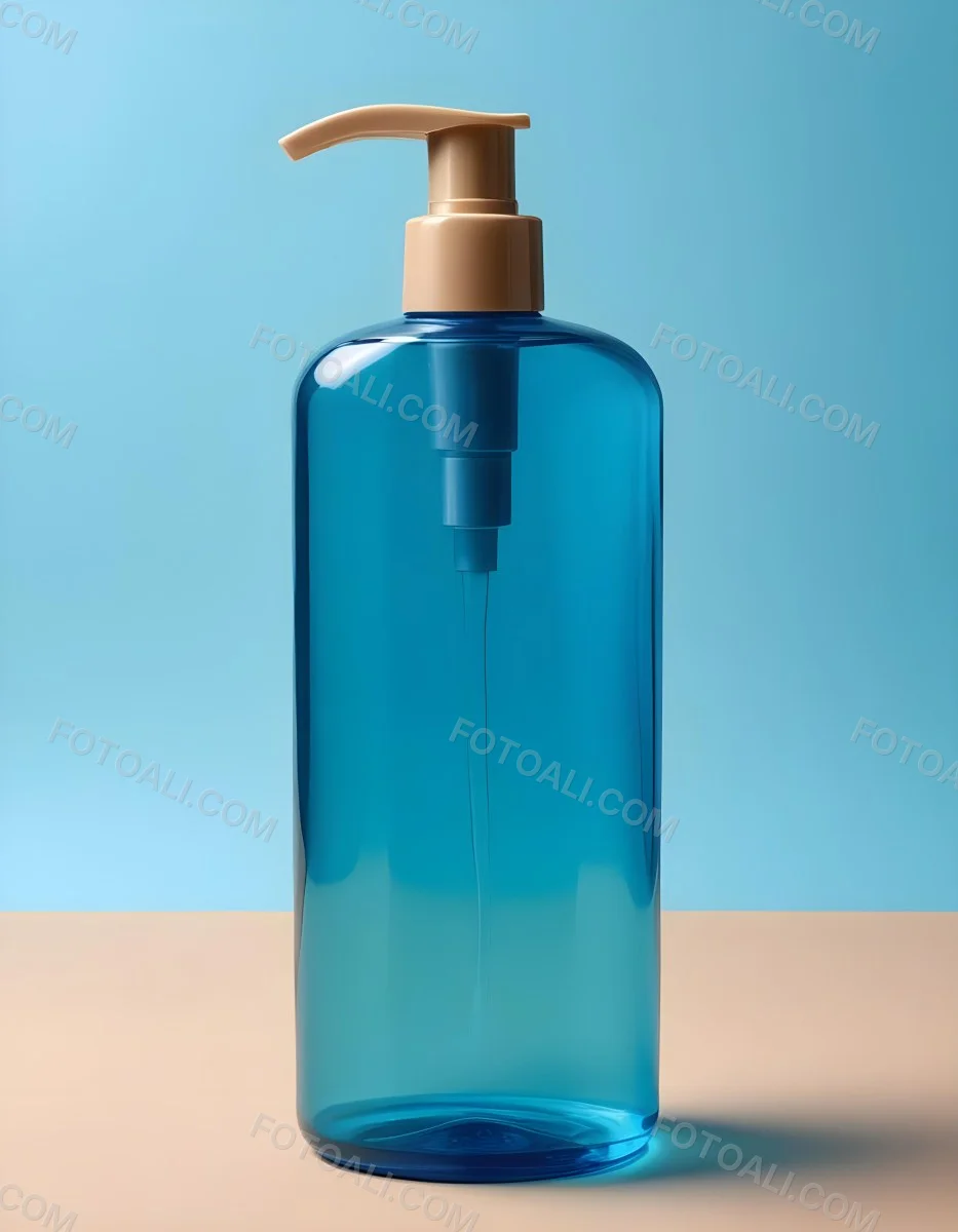 A Blue Transparent Plastic Bottle With A Transparent Dispenser Pump Containing Liquid Soap On A Beige Surface With A Light Blue Background 6 668c