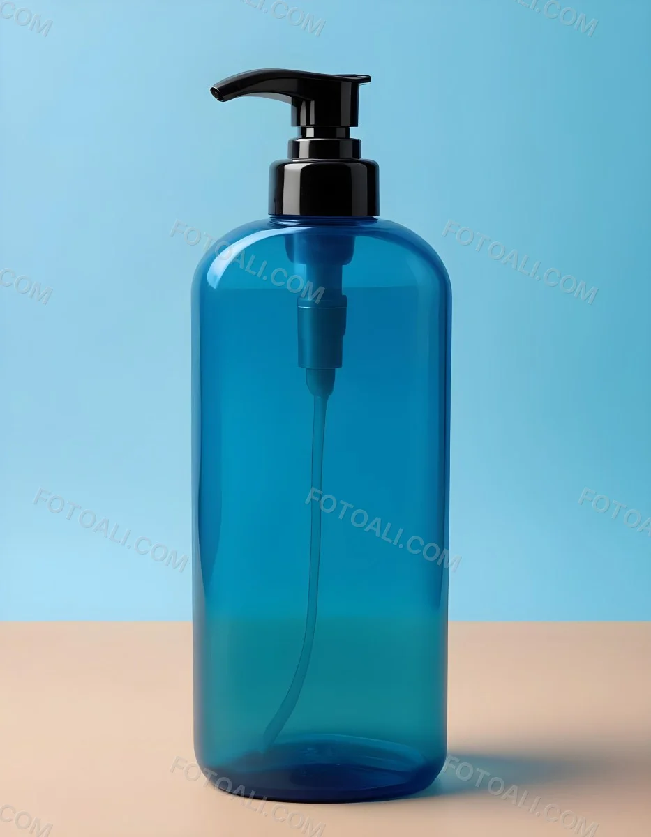 A Blue Transparent Plastic Bottle With A Transparent Dispenser Pump Containing Liquid Soap On A Beige Surface With A Light Blue Background 9 7c40