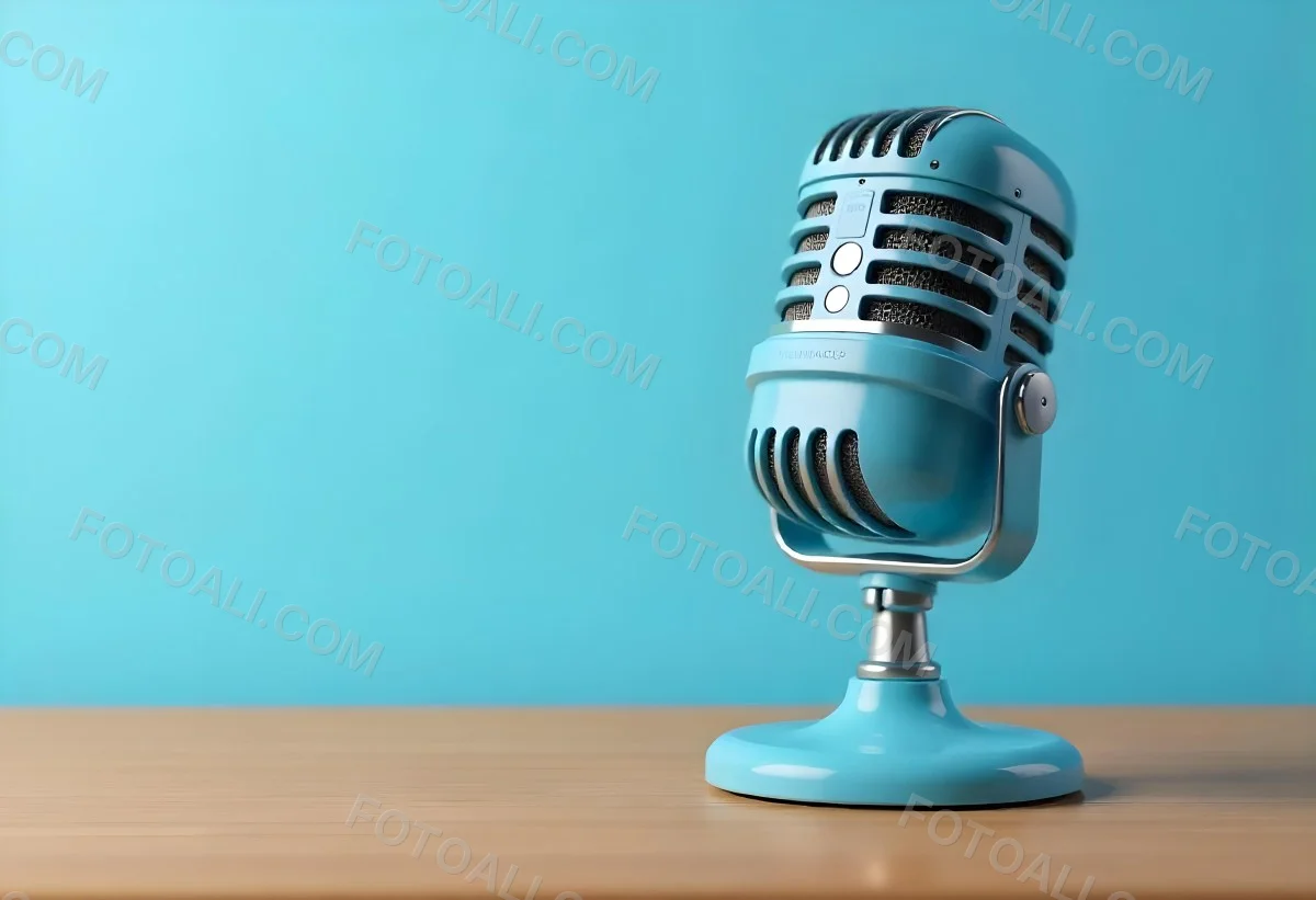 A Blue Vintage Microphone On A Wooden Table The Background Is A Solid Light Blue Color The Microphone Is Slightly Angled To The Left 11 94c9