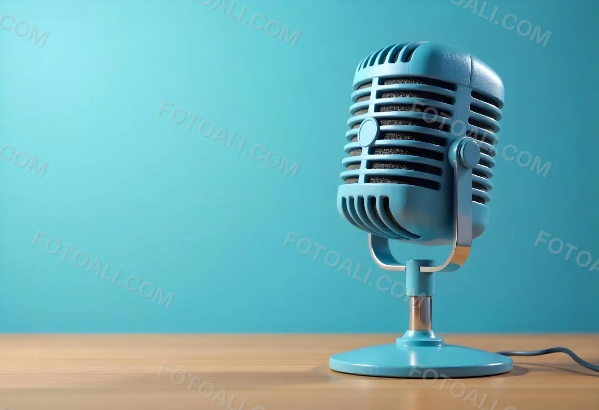 A Blue Vintage Microphone On A Wooden Table The Background Is A Solid Light Blue Color The Microphone Is Slightly Angled To The Left 12 E855