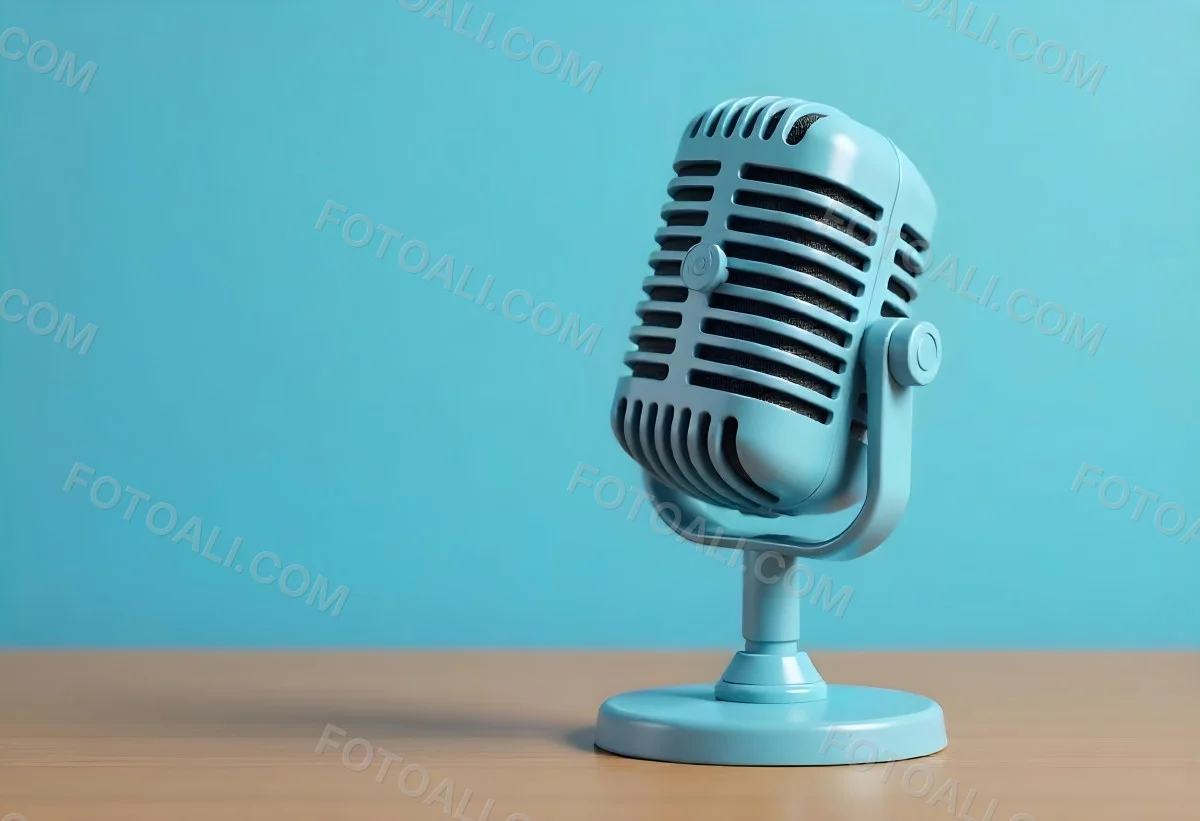 A Blue Vintage Microphone On A Wooden Table The Background Is A Solid Light Blue Color The Microphone Is Slightly Angled To The Left 13 647a