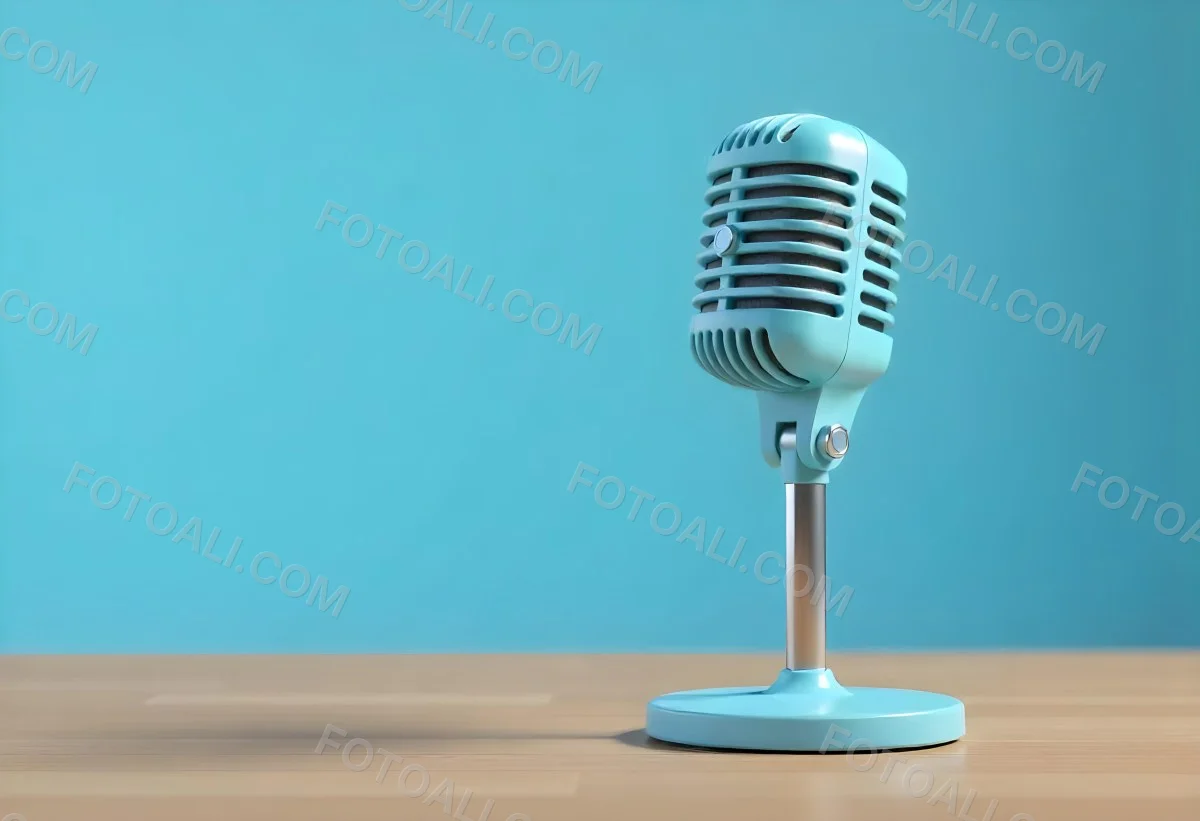A Blue Vintage Microphone On A Wooden Table The Background Is A Solid Light Blue Color The Microphone Is Slightly Angled To The Left 14 9ed5