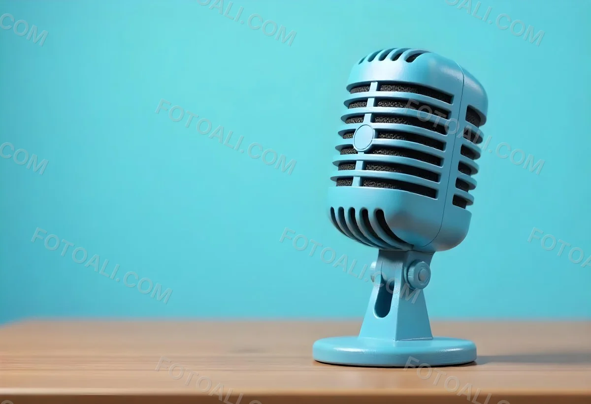 A Blue Vintage Microphone On A Wooden Table The Background Is A Solid Light Blue Color The Microphone Is Slightly Angled To The Left 15 F3e1