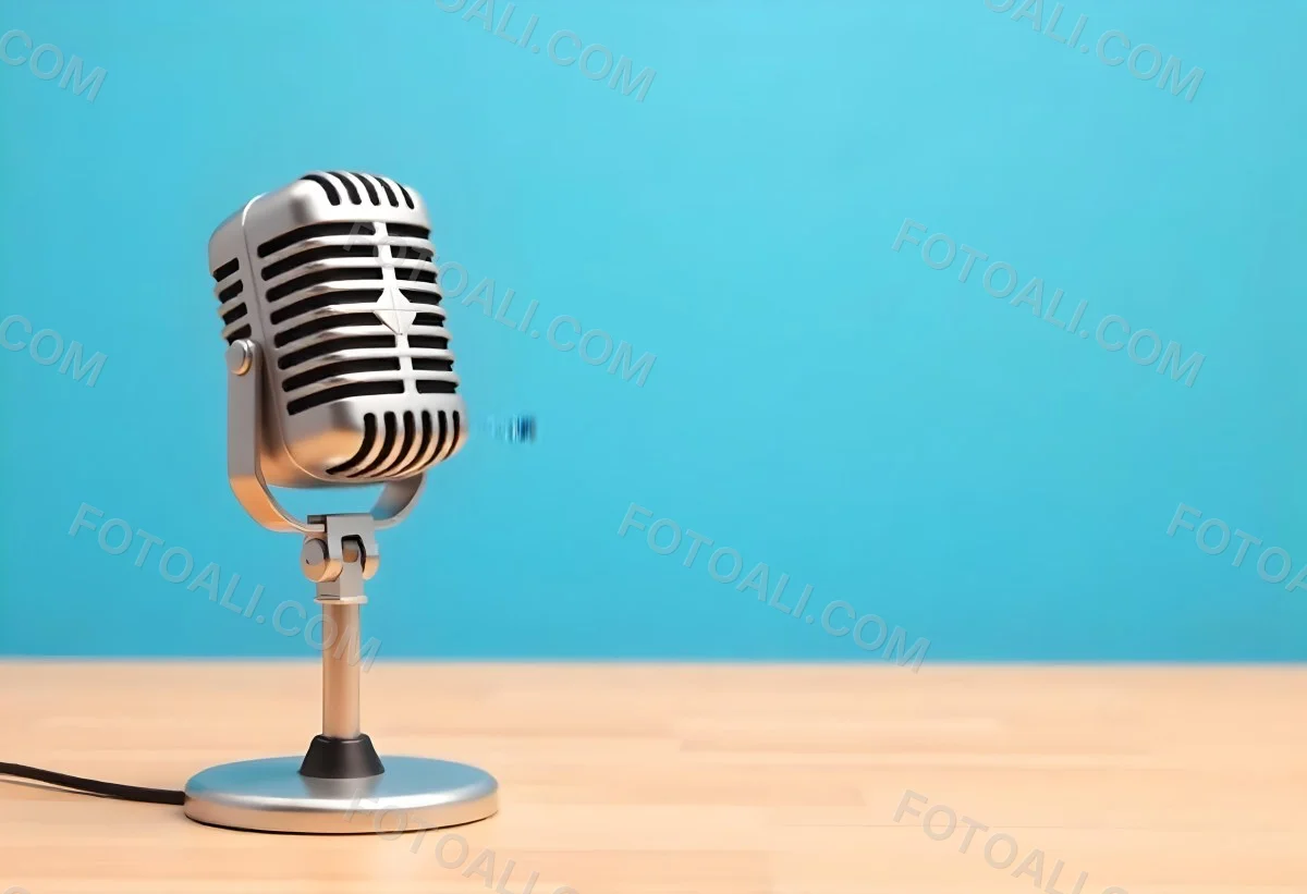 A Blue Vintage Microphone On A Wooden Table The Background Is A Solid Light Blue Color The Microphone Is Slightly Angled To The Left 4 B290