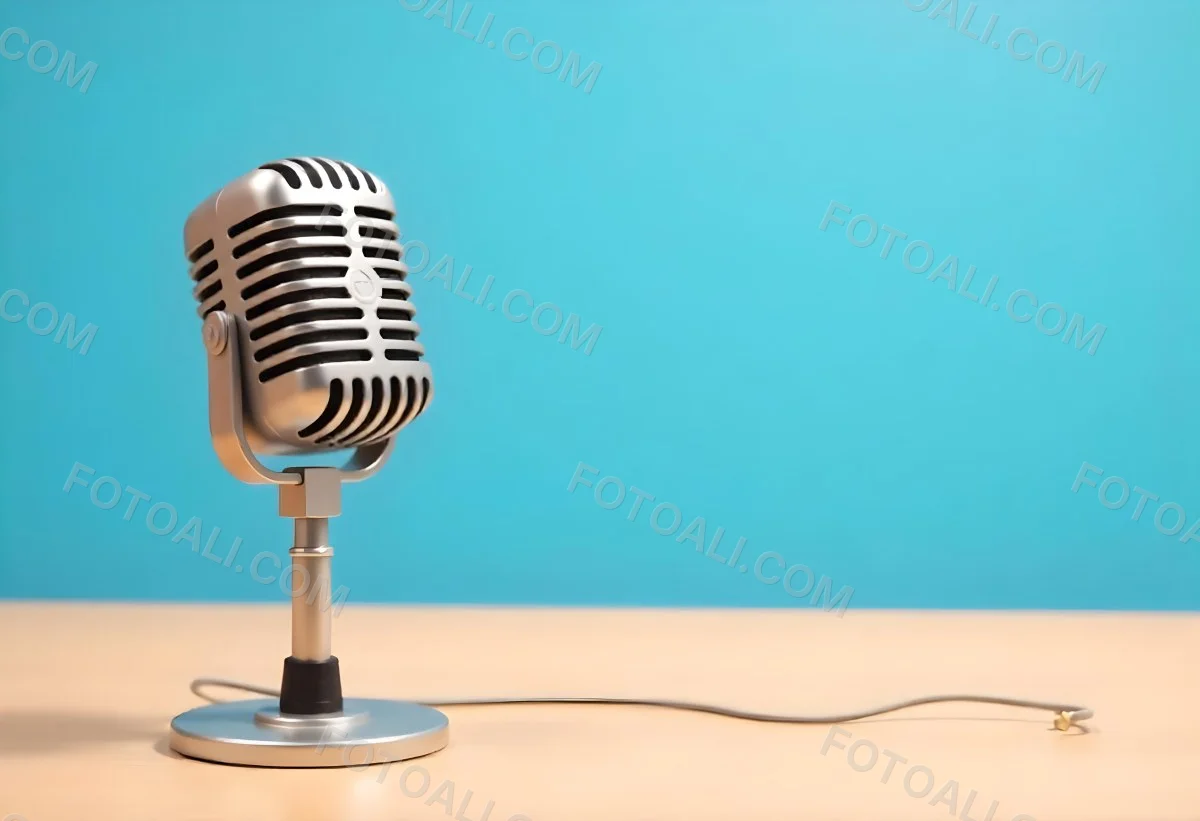 A Blue Vintage Microphone On A Wooden Table The Background Is A Solid Light Blue Color The Microphone Is Slightly Angled To The Left 5 66bb