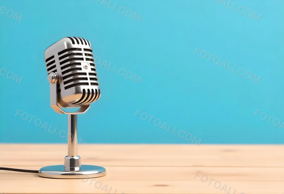 A Blue Vintage Microphone On A Wooden Table The Background Is A Solid Light Blue Color The Microphone Is Slightly Angled To The Left 6 4c93