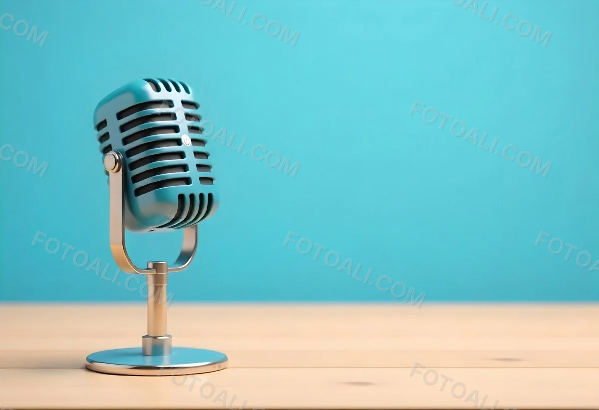 A Blue Vintage Microphone On A Wooden Table The Background Is A Solid Light Blue Color The Microphone Is Slightly Angled To The Left 7 E9d9
