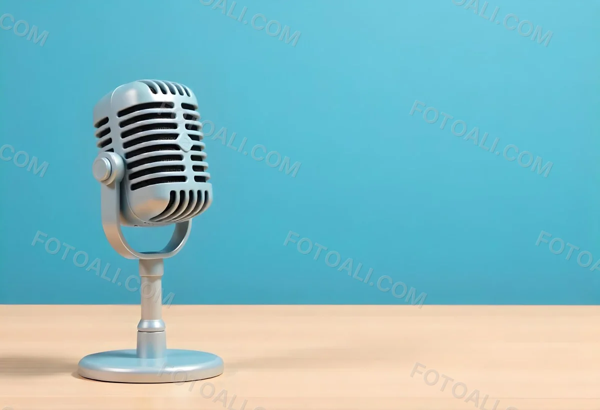 A Blue Vintage Microphone On A Wooden Table The Background Is A Solid Light Blue Color The Microphone Is Slightly Angled To The Left 8 E51f