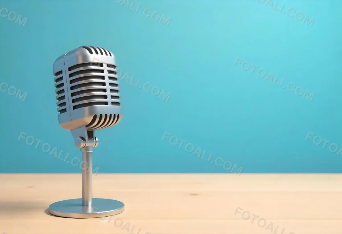A Blue Vintage Microphone On A Wooden Table The Background Is A Solid Light Blue Color The Microphone Is Slightly Angled To The Left 9 482a