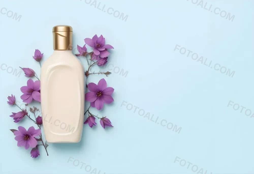 A Bottle Of Cream With A Golden Cap Surrounded By Purple Flowers On A Light Blue Background 13 02bb
