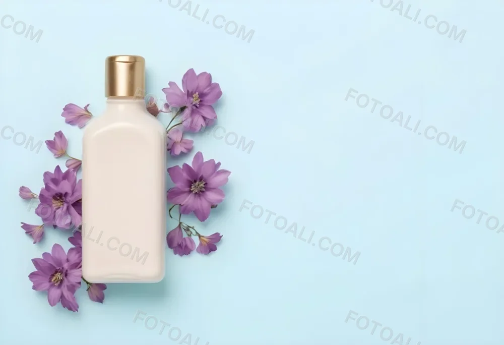 A Bottle Of Cream With A Golden Cap Surrounded By Purple Flowers On A Light Blue Background 32 3164