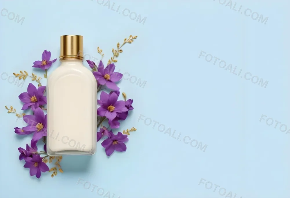 A Bottle Of Cream With A Golden Cap Surrounded By Purple Flowers On A Light Blue Background 36 4001