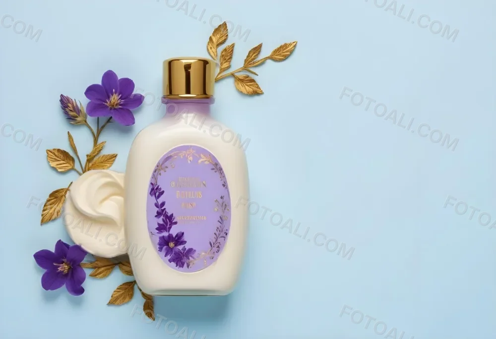 A Bottle Of Cream With A Golden Cap Surrounded By Purple Flowers On A Light Blue Background 47 Ad11