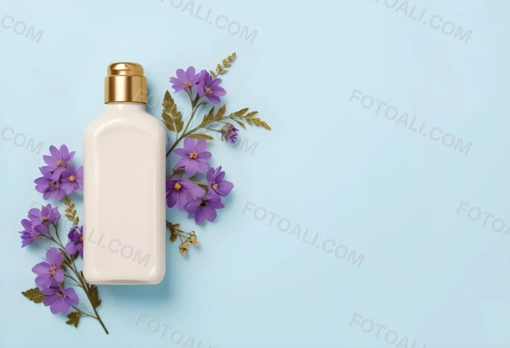 A Bottle Of Cream With A Golden Cap Surrounded By Purple Flowers On A Light Blue Background 49 E198